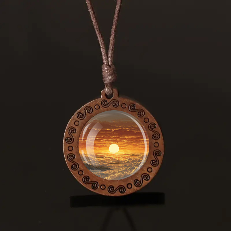 Vintage Boho Wooden Pendant Necklace with Glass Inlay